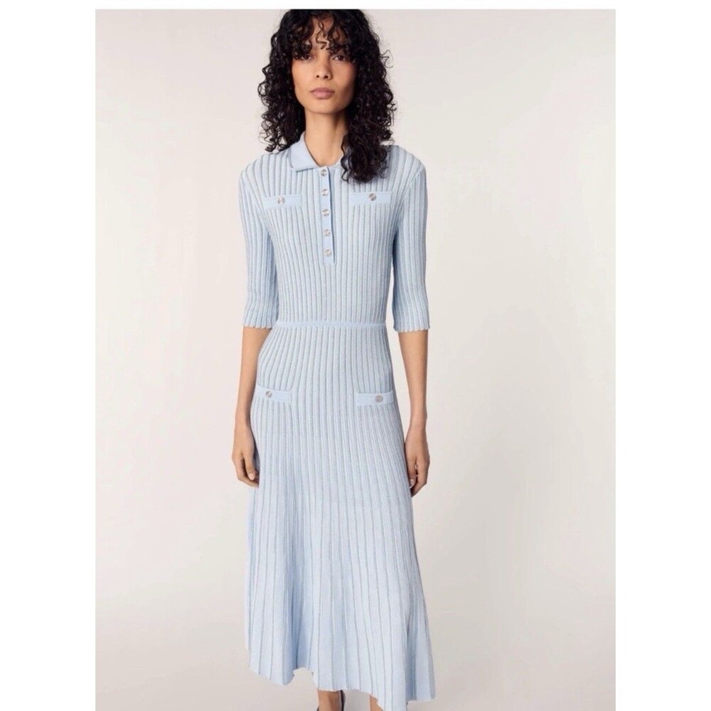 Maje Blue Rib Knit Midi Dress Size 38 with Discoloration On Back Of Collar